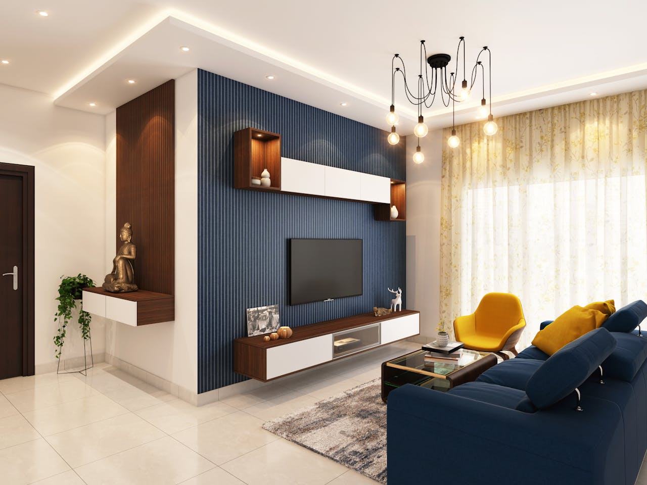 living-room-with-blue-feature-wall-blue-couch-light-floor